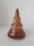 Suport ceramic lumanare, in forma de brad de Craciun cu stelute, decor sarbatori de iarna, 18cm inaltime