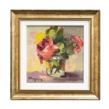 Tablou inramat pictat manual, Trandafiri rosii stilizati, 30x30cm ulei pe panza in cutit efect 3D, Geo Ungureanu