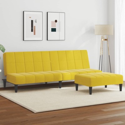 vidaXL Canapea extensibilă cu taburet, 2 locuri, galben, catifea foto