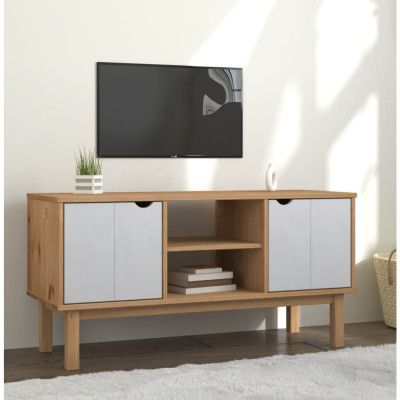Dulap TV OTTA, maro si alb, 113,5x43x57 cm, lemn masiv de pin GartenMobel Dekor foto