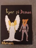 TABLOU PE PANZA CU SASIU NOU 24X30 CM ABSTRACT INGER SI DEMON ACRILIC PRET 30 LEI PICTOR FLORIAN