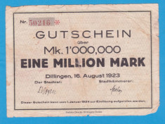 (1) BANCNOTA (NOTGELD) GERMANIA - 1 MILLION MARK 1923 (16 AUGUST), DILLINGEN foto