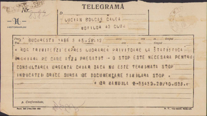 HST 136S Telegrama 1938 Sabin Manuila - Lucian Bolcas