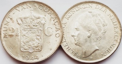 205 Curacao 2&amp;frac12; Gulden 1944 Wilhelmina 25g km 46 aunc - UNC argint foto