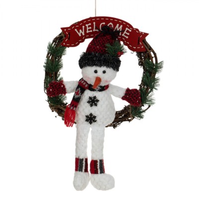 Coroniță Decorativă Crăciun, Om De Zăpadă, Lemn, Roșu, 33cm foto