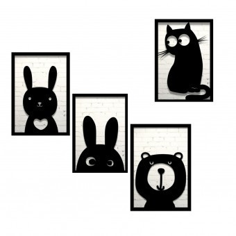 Set 4 decoratiuni tablouri Krodesign KRO-1039 Animals, negru foto