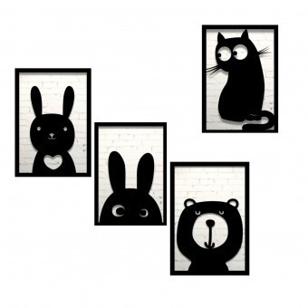 Set 4 decoratiuni tablouri Krodesign KRO-1039 Animals, negru