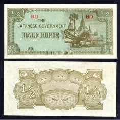BURMA █ OCUPATIE JAPONEZA █ bancnota █ 1/2 Rupee █ 1942 █ P-13b █ UNC