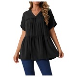Tricou casual de vară cu guler &icirc;n V pentru femei, larg, cu m&acirc;neci scurte, model babydoll, bluză cu volan, tunica