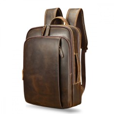 Rucsac Laptop 16&#039; Piele Naturală, Noble, Design Retro Business, Antiperspirant, Ataşabil Troler, Maro/Cafea