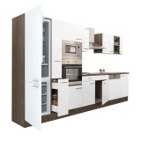 Mobilier de bucătărie Yorki 370, cu corp din stejar Yorki, fațade albe cu finisaj satinat, cu frigider cu congelator &icirc;n partea de jos, fără blat de lu