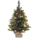 HOMCOM Mini brad de Crăciun 60 cm cu lumini integrate, 86 ramuri, conuri de pin, bobițe roșii, bază din ciment, verde | Aosom Romania