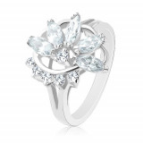 Inel &icirc;n nuanță argintie, jumătate de floare din zirconii, arc de zirconii transparente - Marime inel: 53