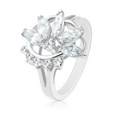 Inel în nuanță argintie, jumătate de floare din zirconii, arc de zirconii transparente - Marime inel: 56