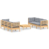Cumpara ieftin Set mobilier gradina cu perne gri, 7 piese, lemn masiv de pin