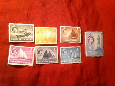 2 Timbre Singapore/ Malaya colonie britanica 1955 Elisabeta II si transporturi 7valori foto