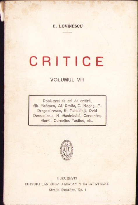 C3898N Critice de Eugen Lovinescu, volumul VIII, fără an, ediție interbelică