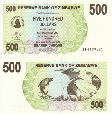 ZIMBABWE 500 dollars 2006 BEARER CHEQUE UNC!!! foto