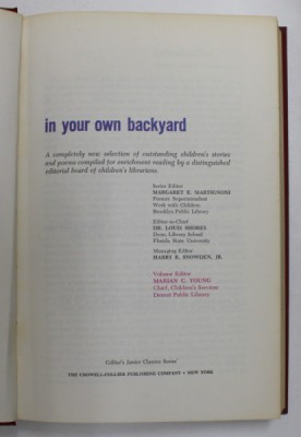 IN YOUR OWN BACKYARD , volume editor MARIAN C, YOUNG , 1962 foto