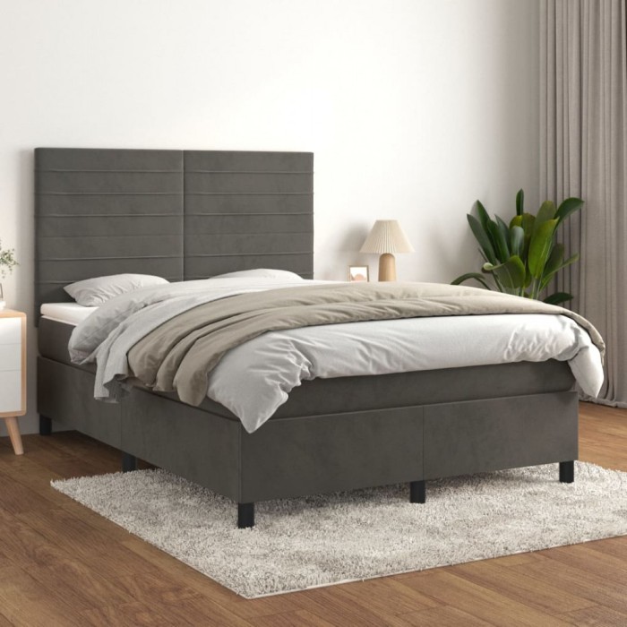 vidaXL Pat box spring cu saltea, gri &icirc;nchis, 140x200 cm, catifea 3143086