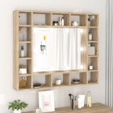 Dulap baie cu oglinda si LED Gossi, stejar Sonoma, 91x15x76.5cm, lemn compozit, 16 compartimente