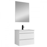 Mobilier de baie Cube 60 cm cu lavoar ceramic (2 sertare) și oglindă 60x80 cm vopsit &icirc;n alb lucios