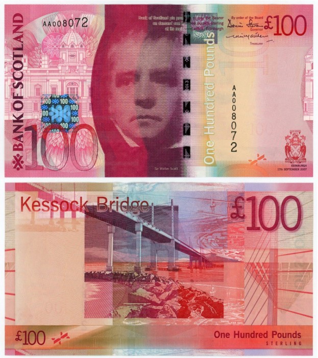 SCOTIA █ bancnota █ 100 Pounds █ 2007 █ P-128a █ Bank of Scotland █ AA008072 UNC