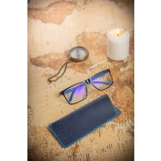 Toc Etui ochelari soare vedere din piele naturala, Handmade, lucrat si cusut manual, Mark, Bleumarin, Produs in Romania