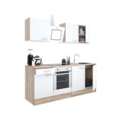 Mobilier de bucătărie Yorki 210 cu corp din stejar Sonoma, fațade albe cu finisaj satinat, cu element inferior pentru cuptor, fără blat de lucru