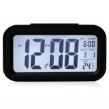 Ceas digital LED, cu alarma, termometru si calendar, amanare alarma, senzor iluminare, baterie 3 x AAA, 137 x 80 x 48 mm, negru