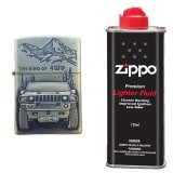 Bricheta Tip Zippo Metalica 3D King of 4wd + Lichid Zippo 125ml, Benzina, Tutungerie, Cadou Barbati, Iubitori Natura si Offroad