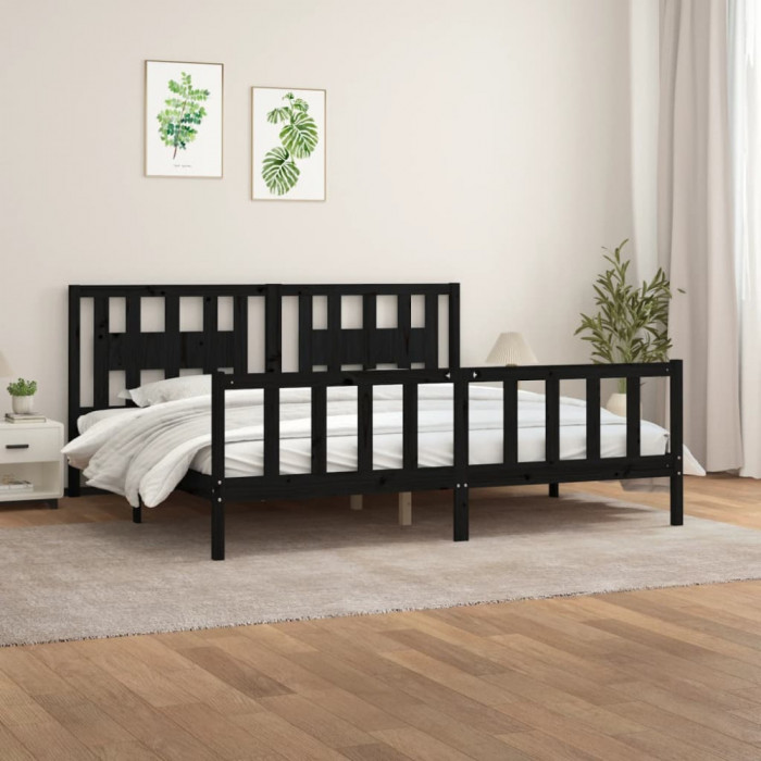 Cadru de pat cu tablie, negru, 200x200 cm, lemn masiv de pin GartenMobel Dekor