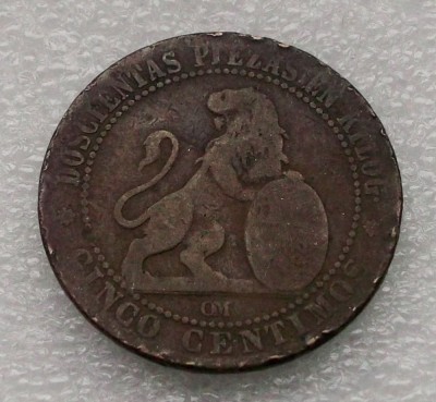 P3. Spania 5 centimos 1870 uzata ** foto