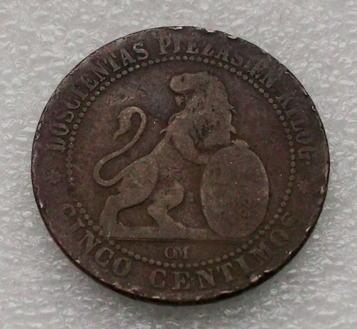 P3. Spania 5 centimos 1870 uzata **