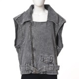 Vesta denim gri oversized cu fermoar oblic