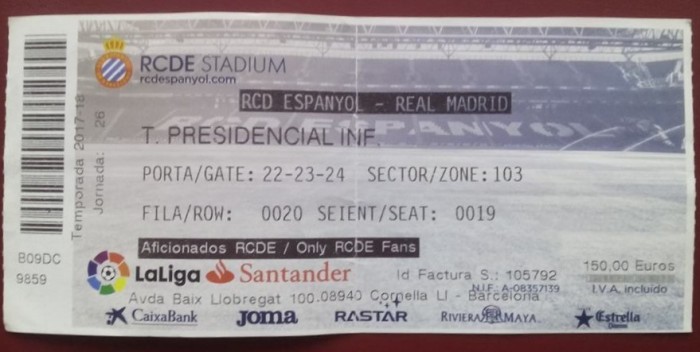 Ticket fotbal 2017 - Espaniol - Real Madrid