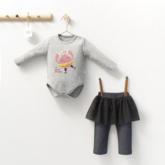 Set 2 piese cu body si pantalonasi cu tulle pentru fetite Monster, Tongs baby (Culoare: Gri, Marime: 6-9 luni)