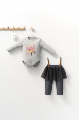 Set 2 piese cu body si pantalonasi cu tulle pentru fetite Monster, Tongs baby (Culoare: Gri, Marime: 6-9 luni) foto