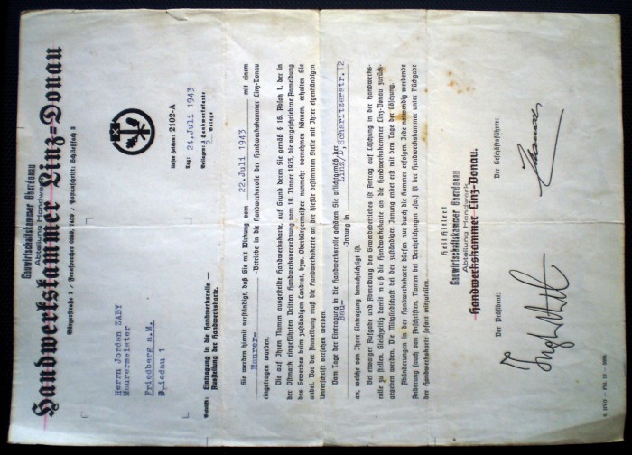 O.174 ACT + CARD MESTESUGAR AUSTRIA WWII HANDWERKSKAMMER LINZ DONAU 1943
