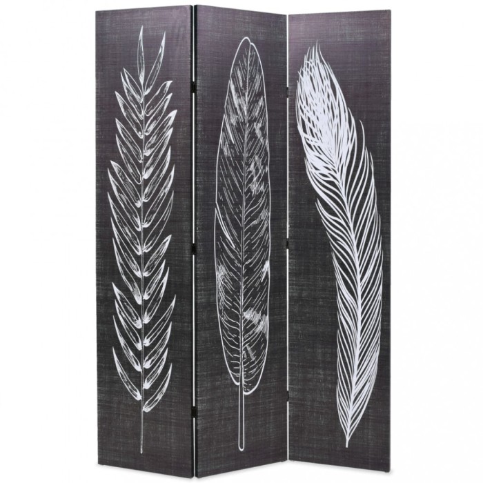 Paravan cameră pliabil, negru&amp;alb, 120 x 170 cm, imprimeu pene