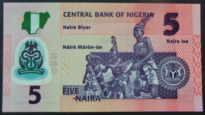 BANCNOTA EXOTICA 5 NAIRA - NIGERIA, anul 2015 *cod 18 B = UNC POLYMER foto