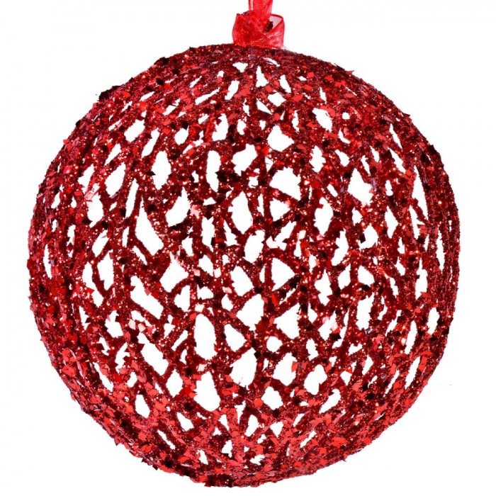 Glob Brad Crăciun Glitter, Plastic, Roșu, 15cm