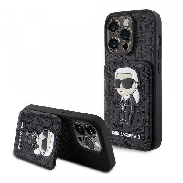 Husa pentru Apple iPhone 15 Pro, Karl Lagerfeld, Saffiano Cardslots and Stand Monogram Ikonik Karl, Neagra
