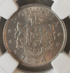Moneda Romania 1 leu 1924 NGC MS64 Bruxelles foto