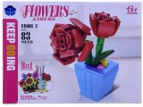 Set Constructie Trandafiri Rosii, 83 Piese, Ghiveci Albastru - Tip Lego Flori, Cadou Elegant