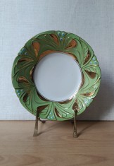 Fructiera portelan Art Nouveau, model cu verde si auriu