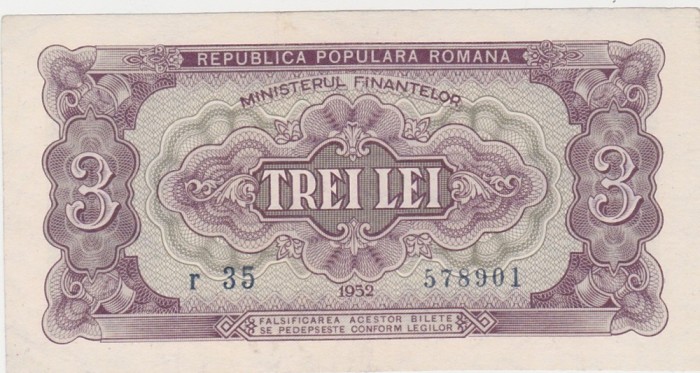 ROMANIA RPR 3 LEI 1952 aXF