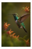 Tablou Canvas, "Colibriul dans&acirc;nd printre flori colorate", Colibri, Zbor, Florile, Verde, Aripi, Natură, Grație, 26 x 39 cm, CMCLASS
