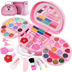 Trusa de machiaj pentru copii, Set Make-Up WePro Store, luciu de buze, farduri, oglinda, Design inedit, Usor de transportat, Non-toxic, Roz, 3 ani +