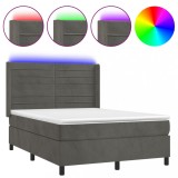 Cumpara ieftin Pat cu arcuri, saltea si LED, gri inchis, 140x200 cm, catifea